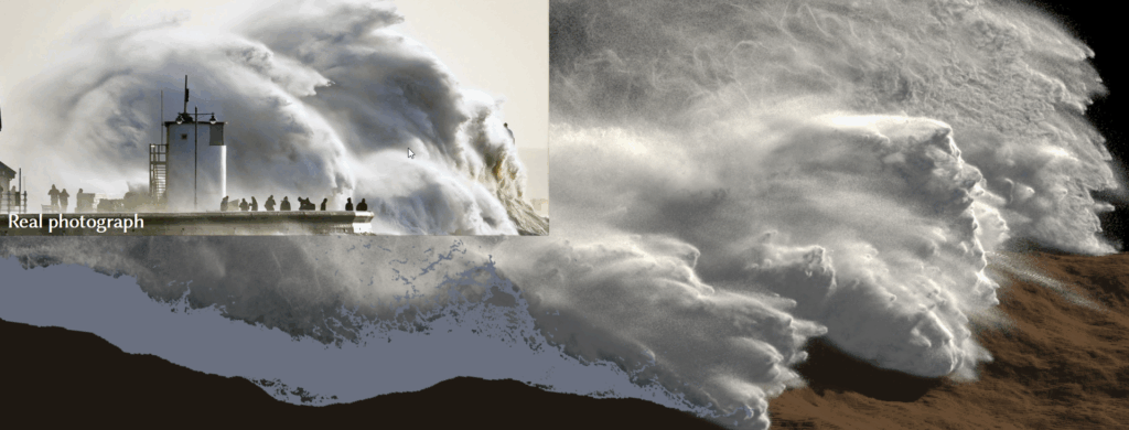 Large waves hitting the coast at high speed. Comparison between our simulation and a real photograph for qualitative reference. Photograph © AP
Photo / Ben Birchall.